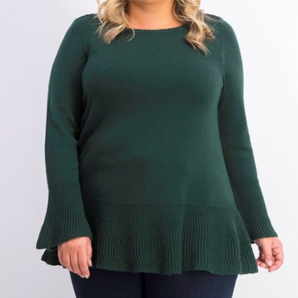 Style & Co Womens Soft Dark Olive Green Knit Pullover Sweater Ruffle Bell Sleeve